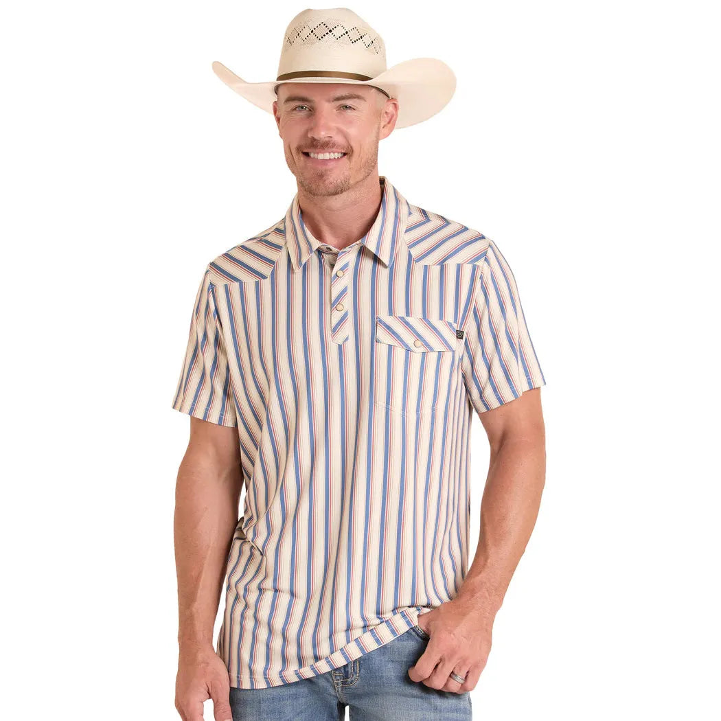 Rock & Roll Mens Western Stripe Short Sleeve Pocket Polo Shirt - White/Red