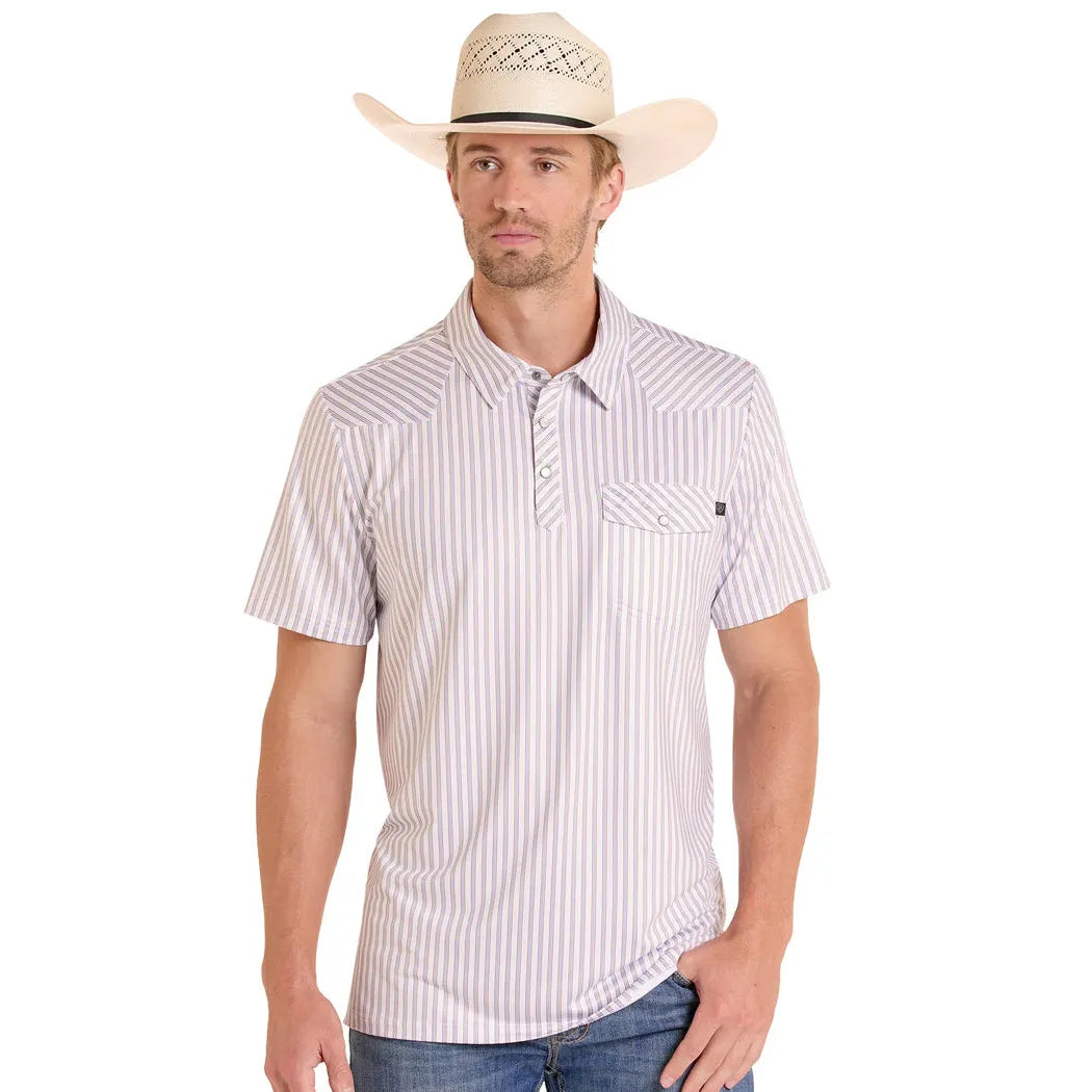 Rock & Roll Mens Western Pocket Short Sleeve Stripe Polo Shirt - White/Tan Stripe