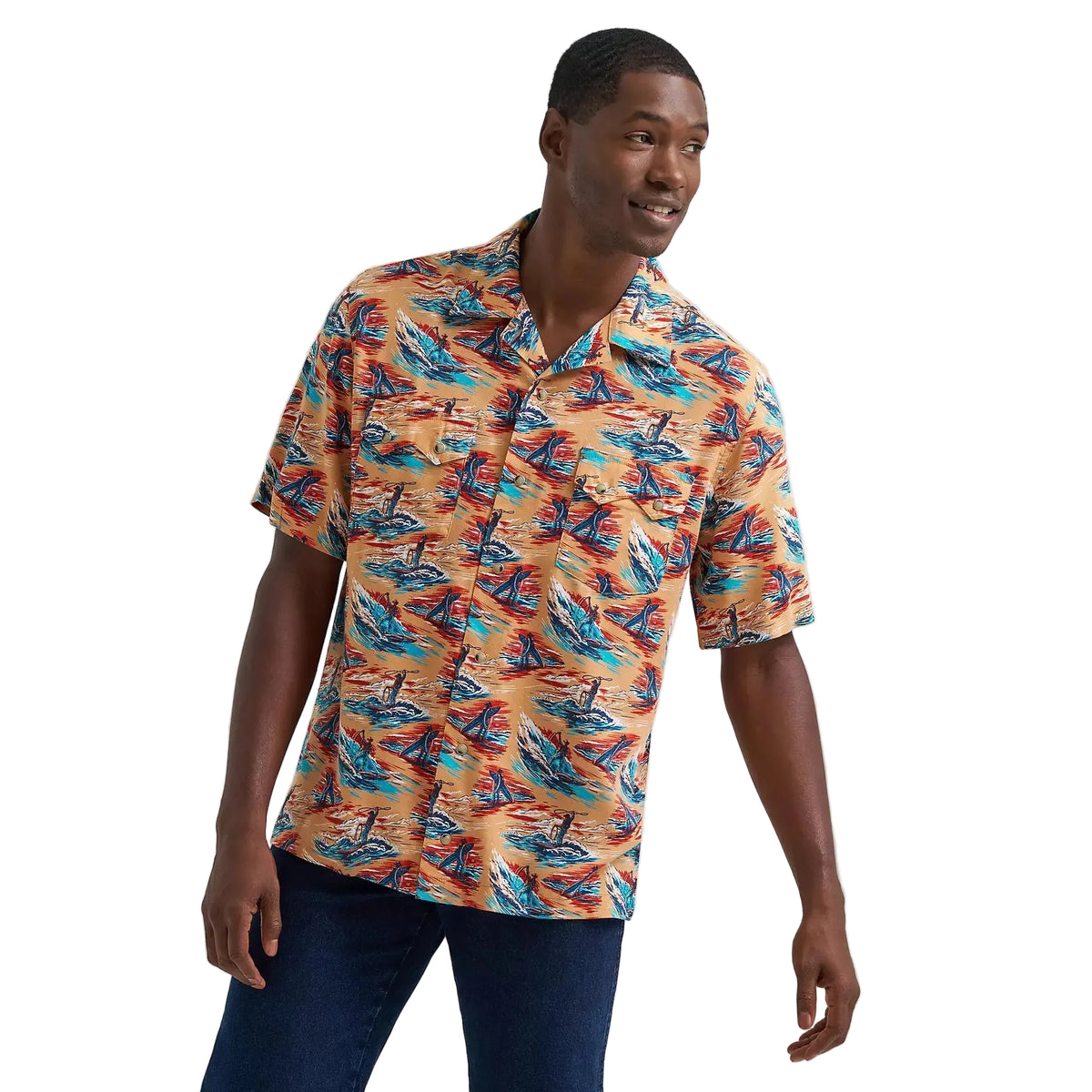 Wrangler Men's Coconut Cowboy Camp Short Sleeve Shirt - Cowboy Surf