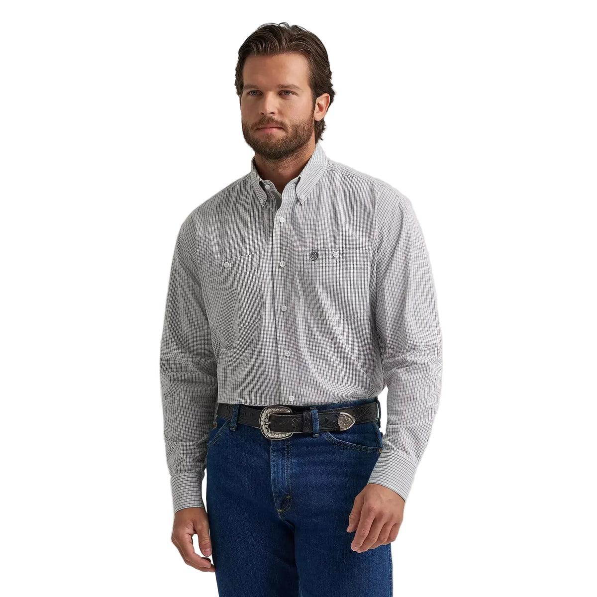 Wrangler® George Strait™ Long Sleeve Button Down 2 Pocket Shirt - Charcoal Madras