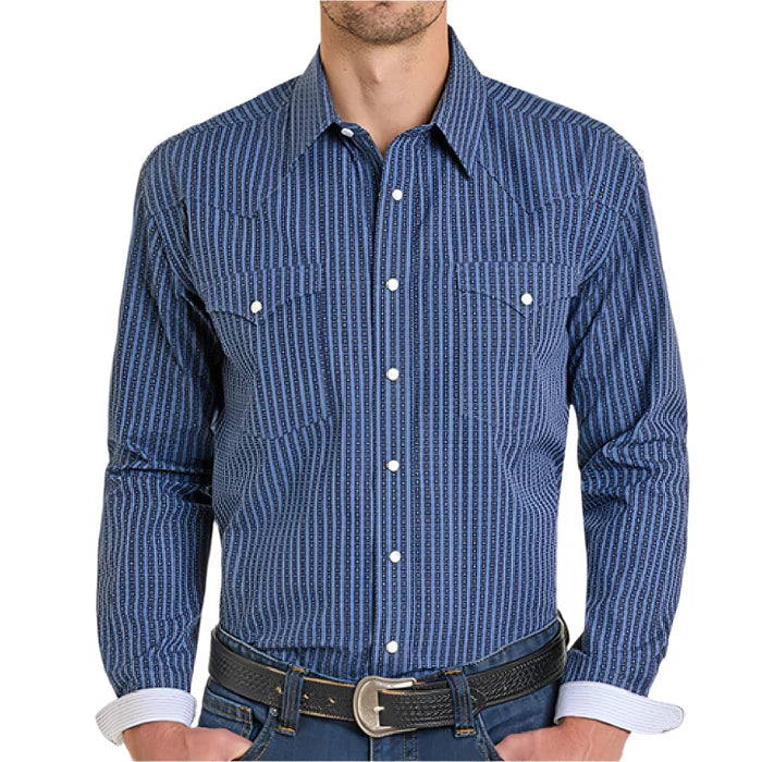 Panhandle Men's Western Stripe Long Sleeve Pearl Snap Shirt- Navy