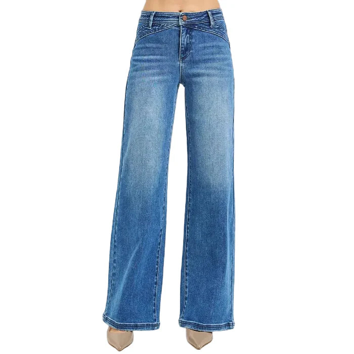 Risen Women's High Rise Wide Leg Waist Detail Jeans - Dark - Irvine Tack & Western Wear