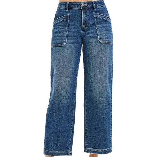 Risen Women's Slouchy Cropped Baggy w/ Front Patch Pocket Detail Jeans - Dark