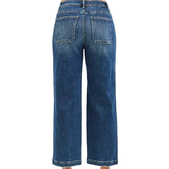 Risen Women's Slouchy Cropped Baggy w/ Front Patch Pocket Detail Jeans - Dark