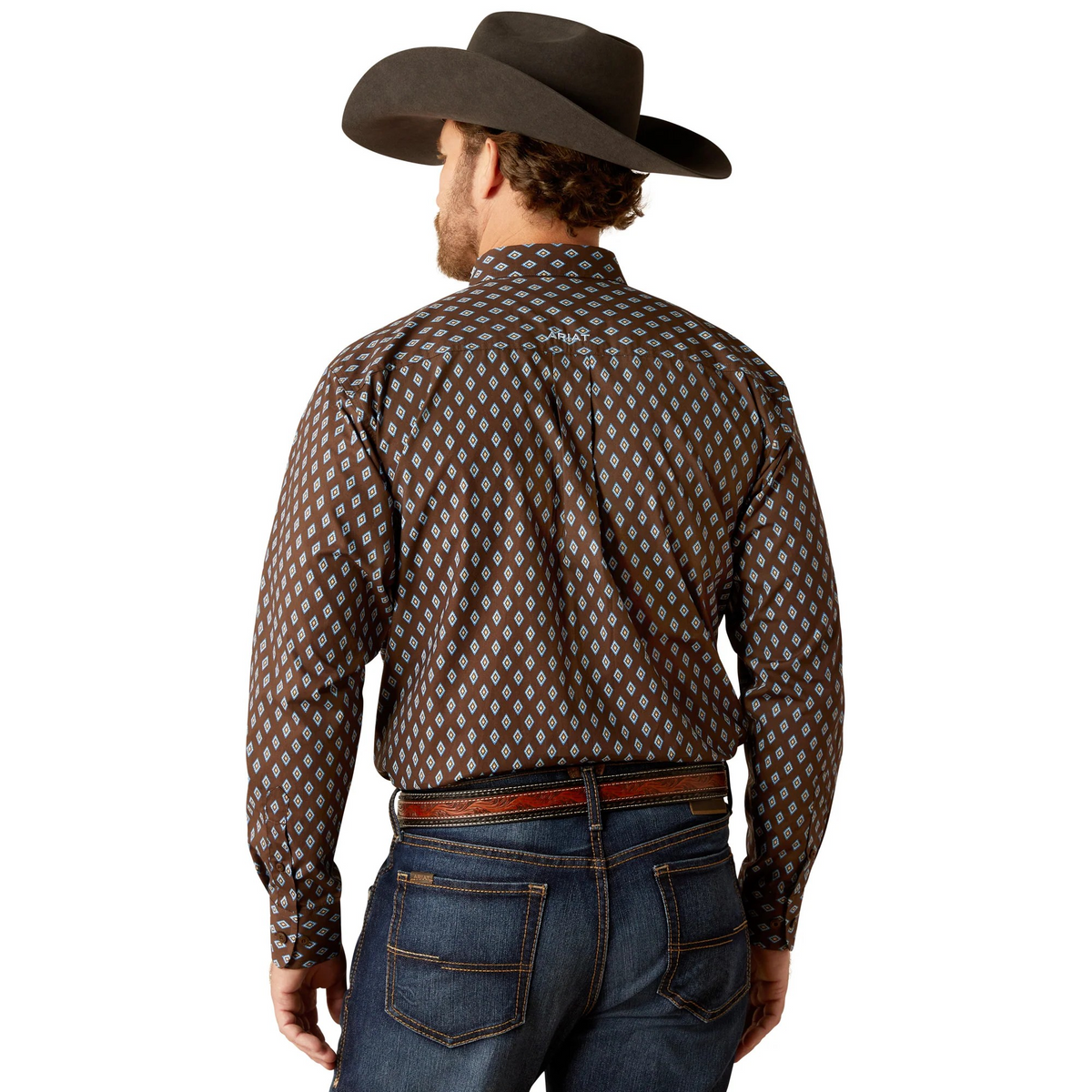 Ariat Men's Team Oak Logo Long Sleeve Shirt- Brown/Light Blue