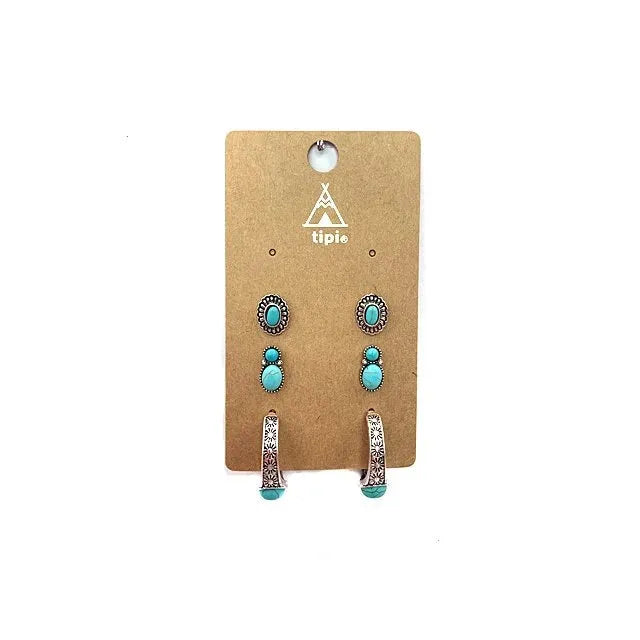Snowing West 3 Pair Turquoise Hoop Set