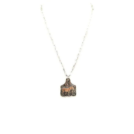 Snowing West Donkey Etched Cattle Tag Necklace