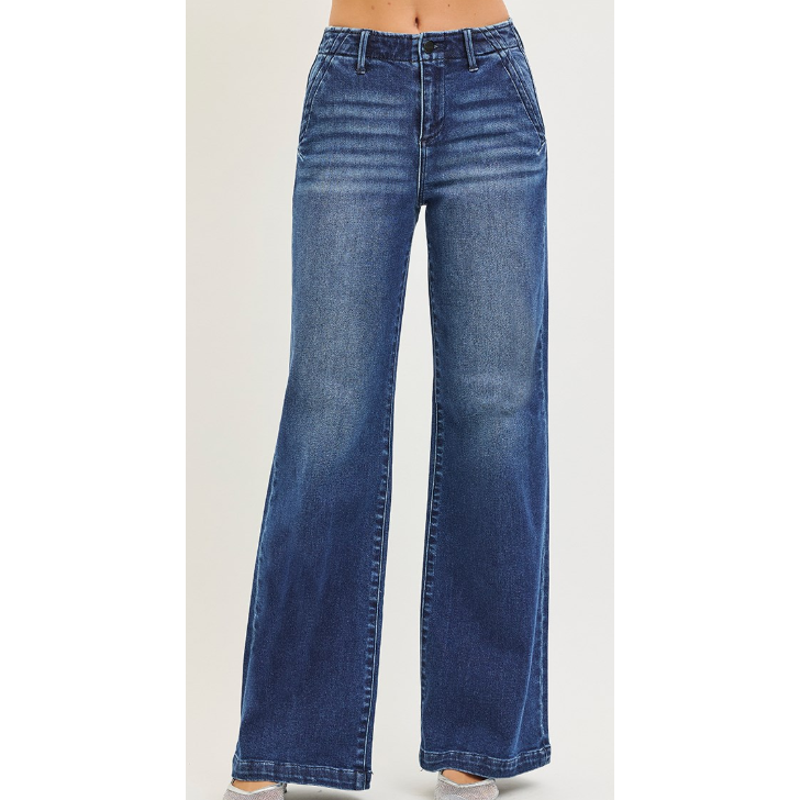 Risen Women's High Rise Wide Leg Slanted Pocket Jeans- Dark Wash