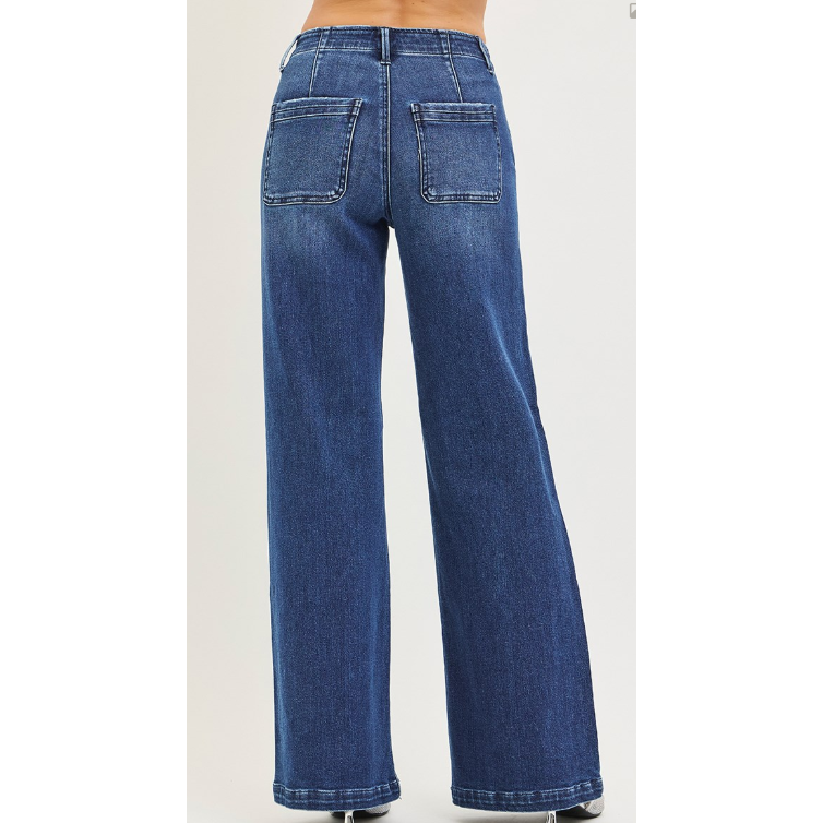 Risen Women's High Rise Wide Leg Slanted Pocket Jeans- Dark Wash