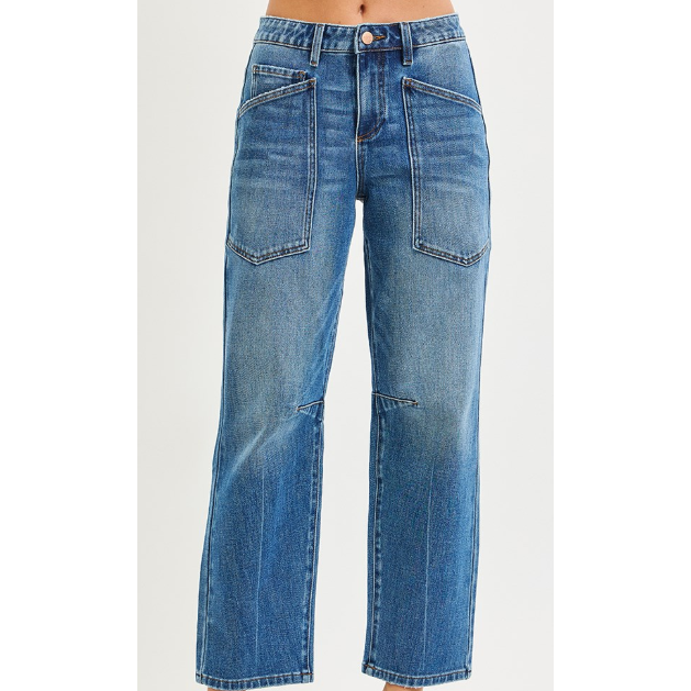 Risen Women's 4 Way Stretch Mid Rise Barrel Patch  Pocket Jeans- Dark Wash