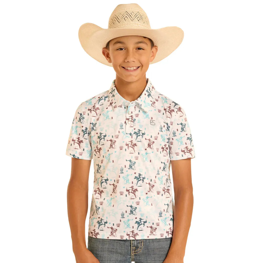 Panhandle Slim Boy's Western Scenic Short Sleeve Polo Snap Shirt - Turquoise