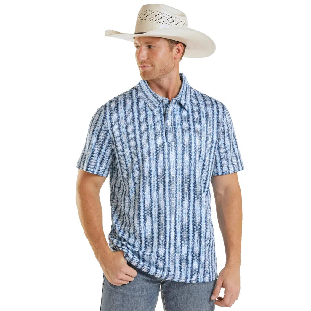 Panhandle Slim Men's Aztec Wallpaper Short Sleeve Polo Snap Shirt - Blue