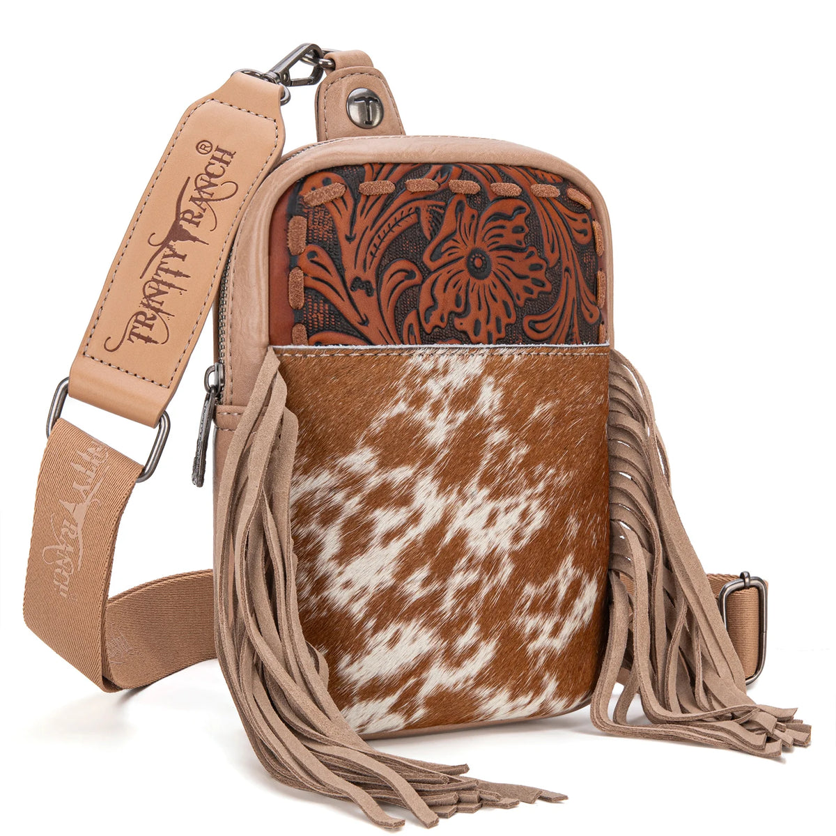Trinity Ranch Genuine Hair On Cowhide Tooled Fringe Bag- Hot Pink