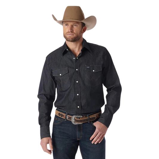 Wrangler Men's Premium Performance Advanced Comfort Cowboy Cut Long Sleeve Spread Collar Solid Shirt - Denim - Irvine Tack & Western Wear
