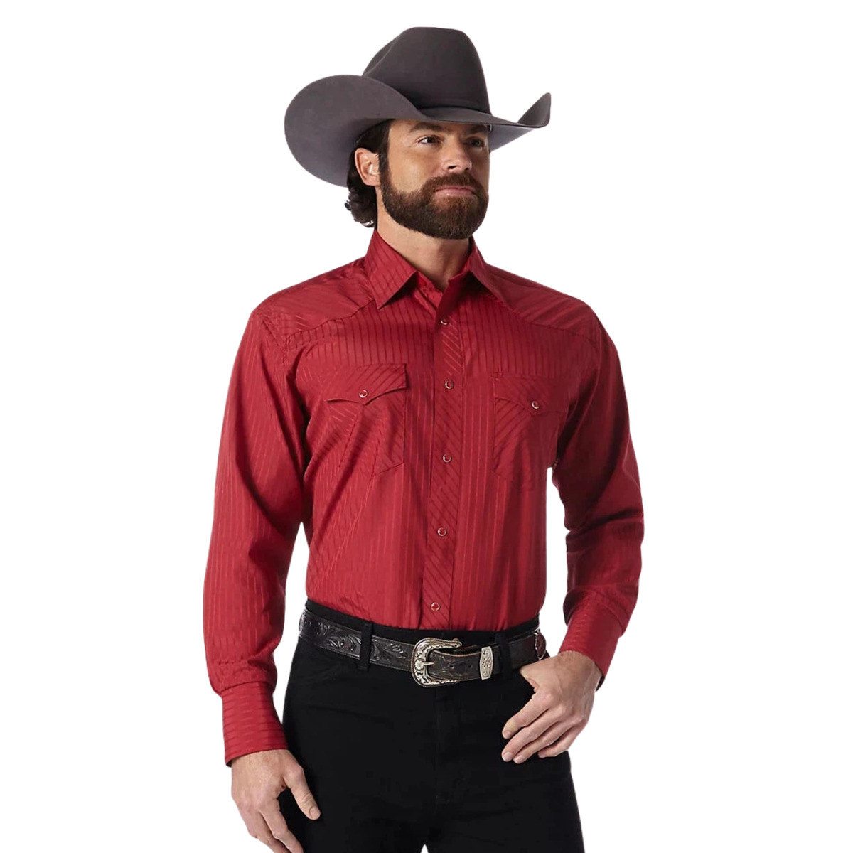 Wrangler Men's Long Sleeve Snap Dobby Stripe Shirt - Red - Irvine Tack & Western Wear