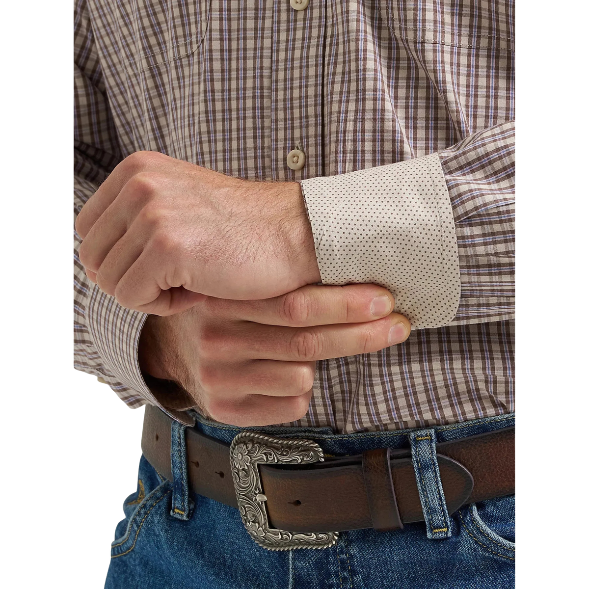 Wrangler Men's George Strait Long Sleeve Button Down Two Pocket Shirt - Purple Tan Plaid - Irvine Tack & Western Wear