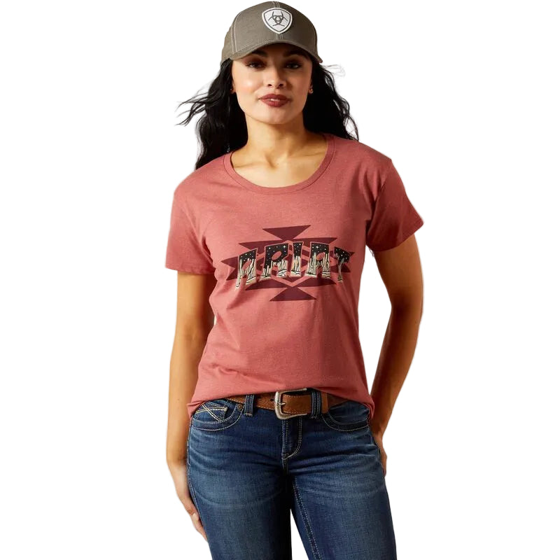 Ariat Women's Southwest Logo Landscape Short Sleeve Tee Shirt - Red Clay Heather
