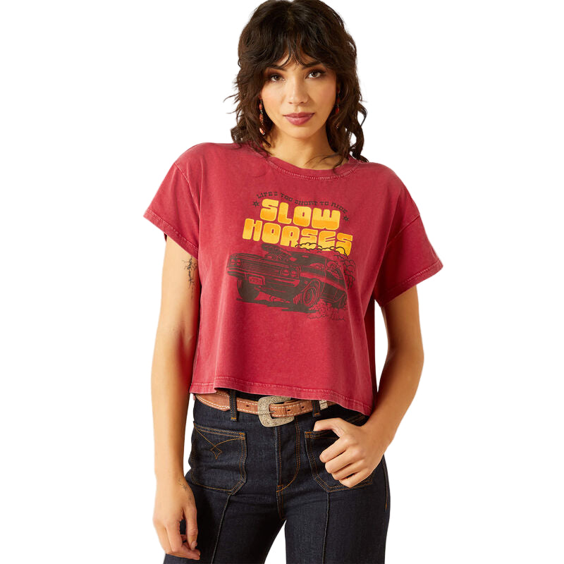 Ariat Women's Short Sleeve Sendero Slow Horses Tee Shirt - Biking Red Mineral Wash