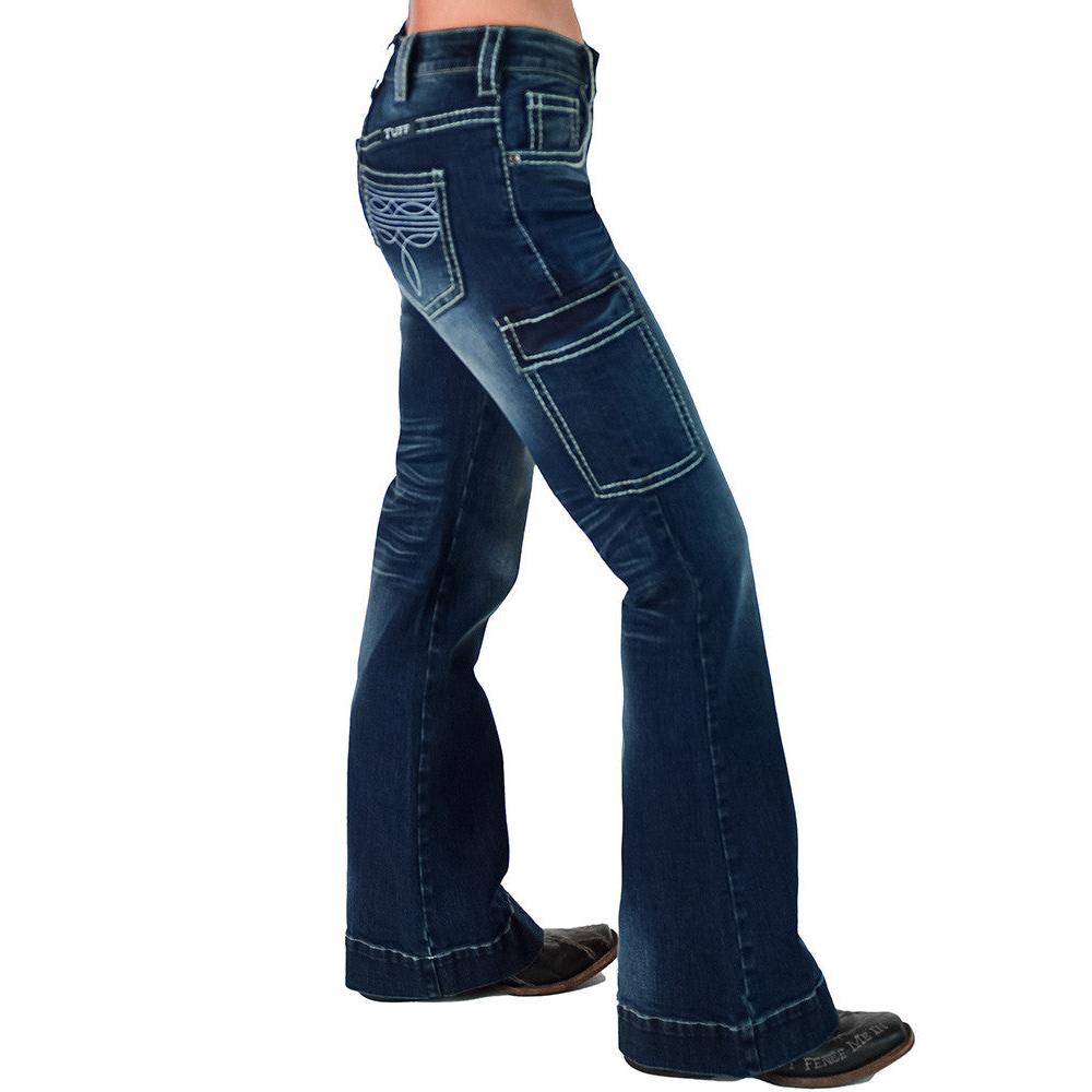 Cowgirl Tuff Women's White Bootstitch Trouser Jeans - Dark Wash