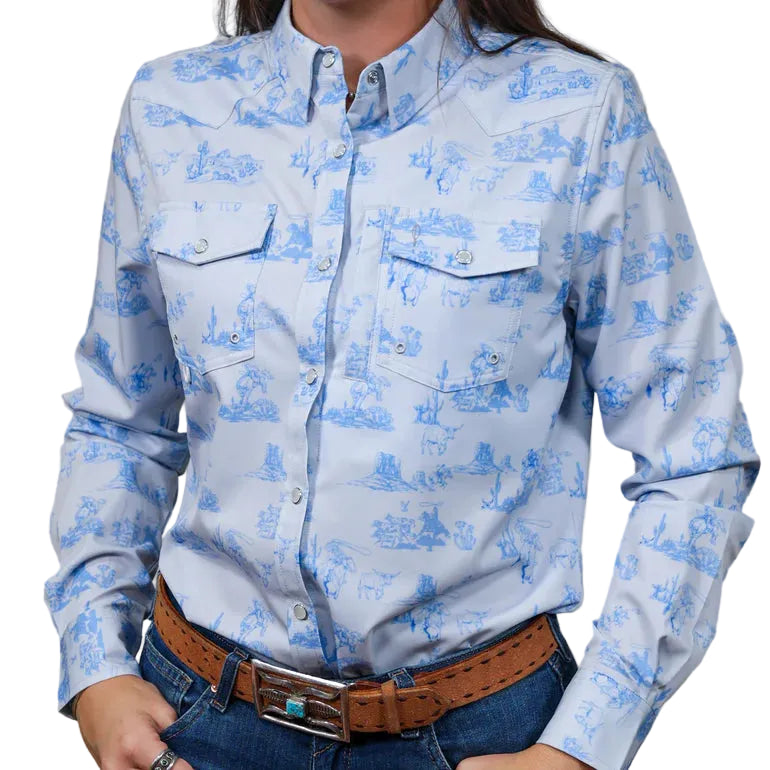 Brand Cowboy Women's The Canyon Claire Long Sleeve Shirt - White/Light Blue - Irvine Tack & Western Wear