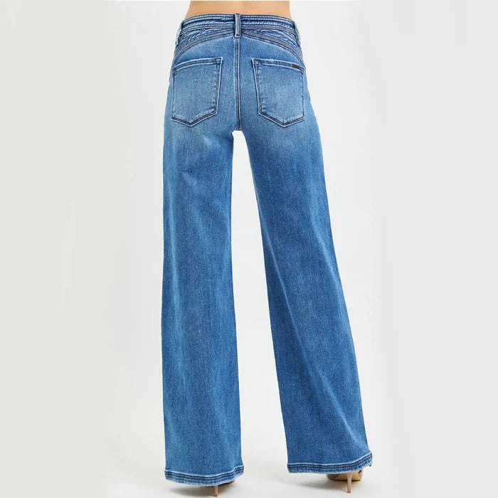 Risen Women's High Rise Wide Leg Waist Detail Jeans - Dark - Irvine Tack & Western Wear