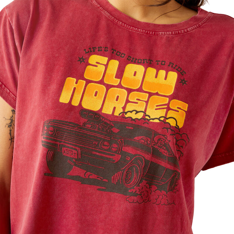 Ariat Women's Short Sleeve Sendero Slow Horses Tee Shirt - Biking Red Mineral Wash