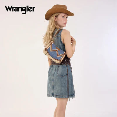 Wrangler Women's Western Contrast Stitch Chevron Denim Satchel Bag- Jean