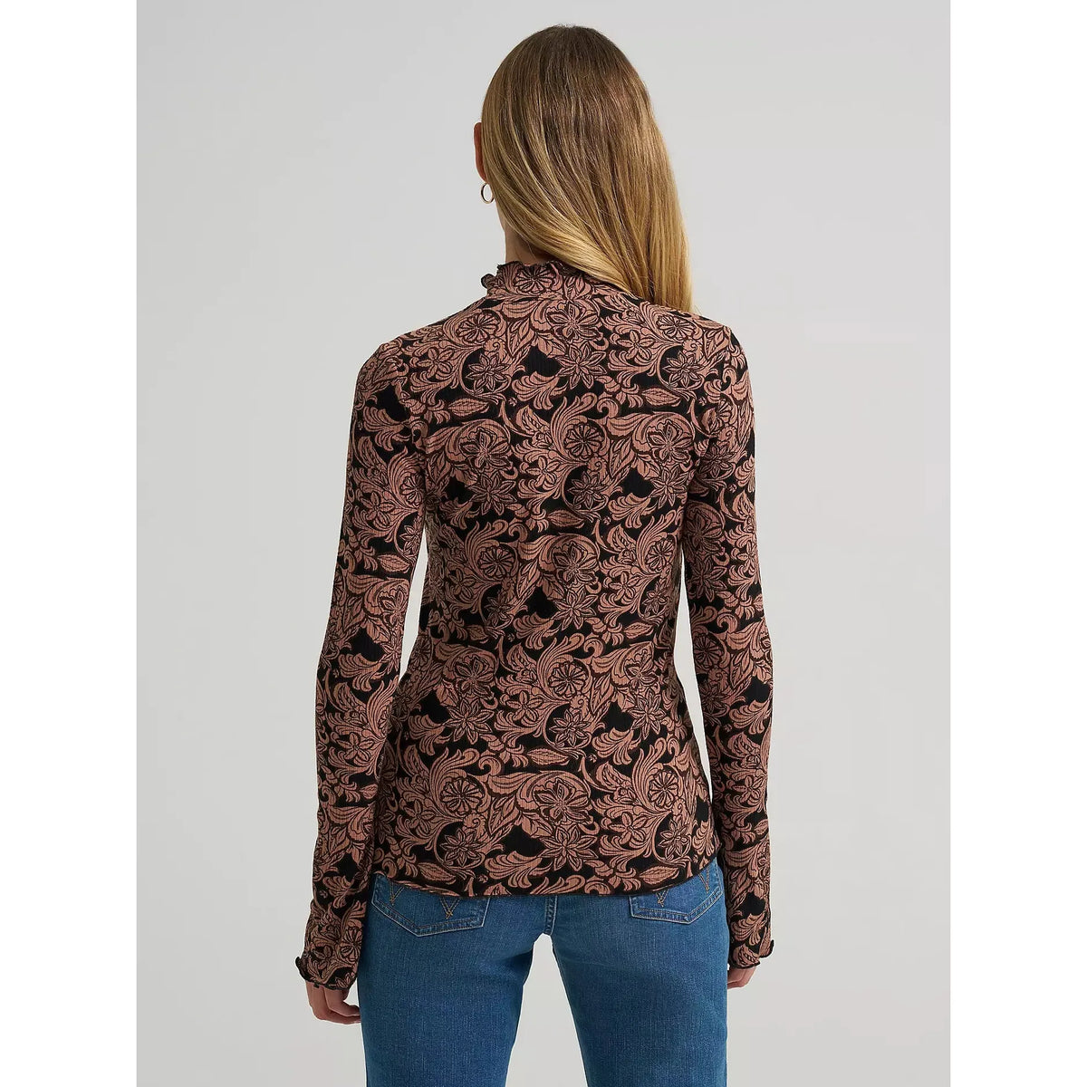 Wrangler Women's Long Sleeve Mock Neck Knit Floral Blouse - Black