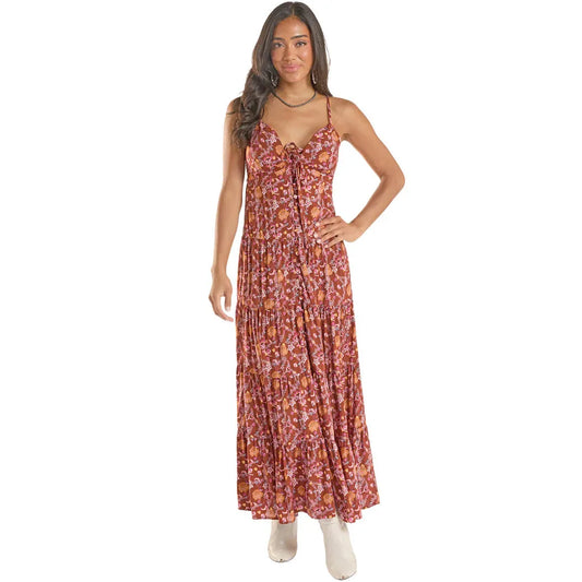 Rock & Roll Women's Halter Deep Floral Maxi Dress - Burgundy