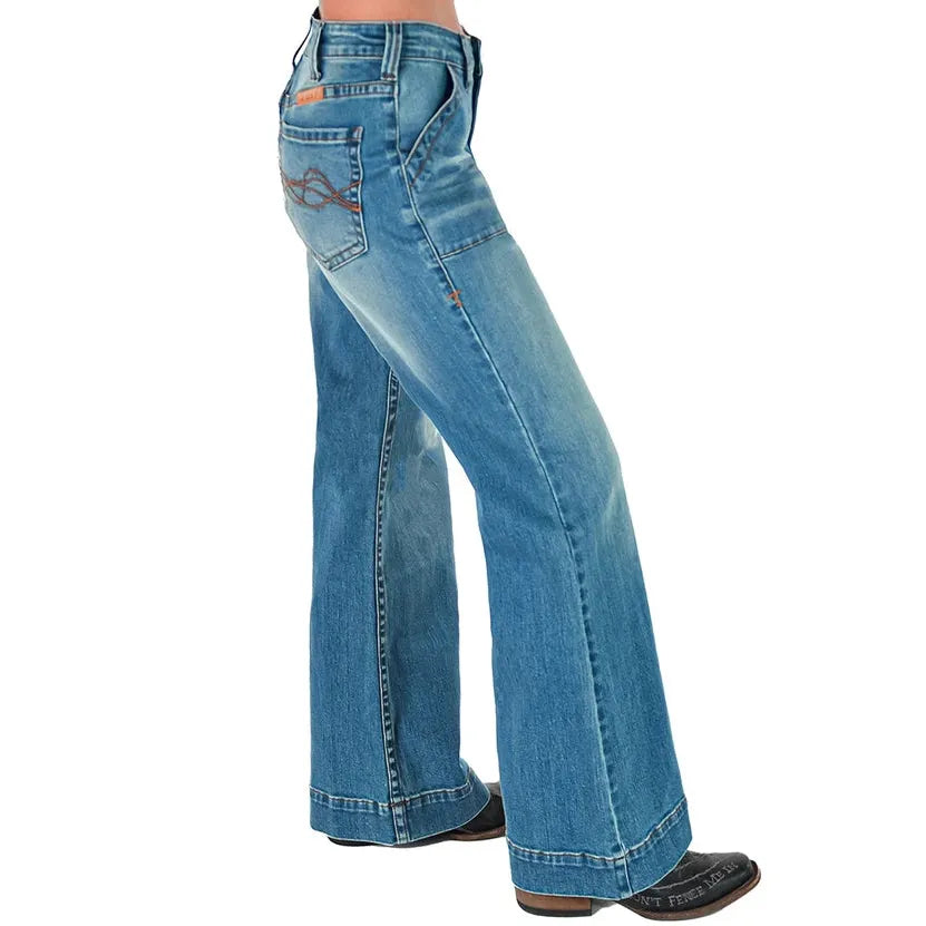 Cowgirl Tuff Women's Rustee DFMI Wide Leg Trouser Jean - Medium Wash