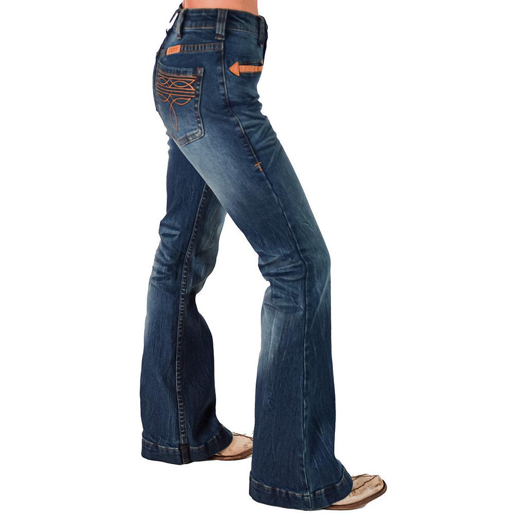 Cowgirl Tuff Women's Western Bootstitch  Trouser Jeans- Medium Wash