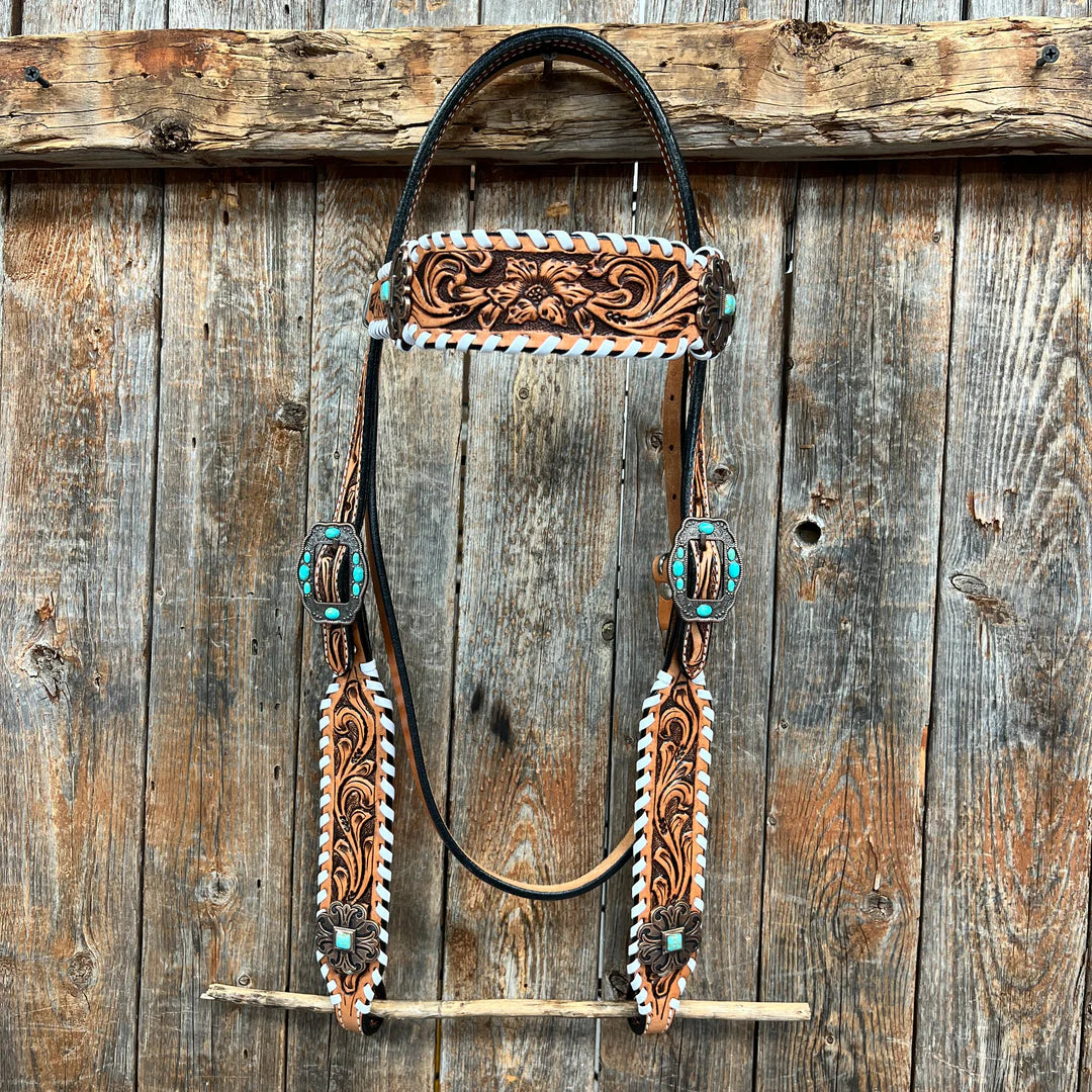 Rodeo Drive Whipstitch Copper Browband One Ear Tack Set Browband ONLY - Turquoise