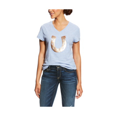 Ariat Short Sleeve Women's T-Shirt - Powder Blue Heather w Sequin Horseshoe Motif