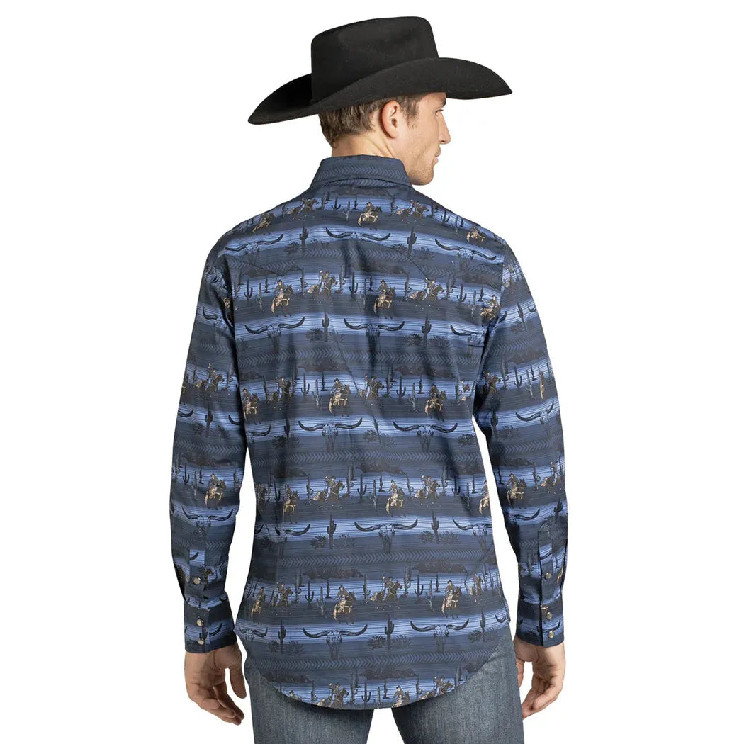 Rock & Roll Men's Longhorn Cowboy Conversation Print Slim Fit Long Sleeve Snap Shirt - Blue - Irvine Tack & Western Wear