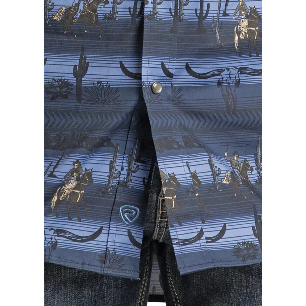 Rock & Roll Men's Longhorn Cowboy Conversation Print Slim Fit Long Sleeve Snap Shirt - Blue - Irvine Tack & Western Wear