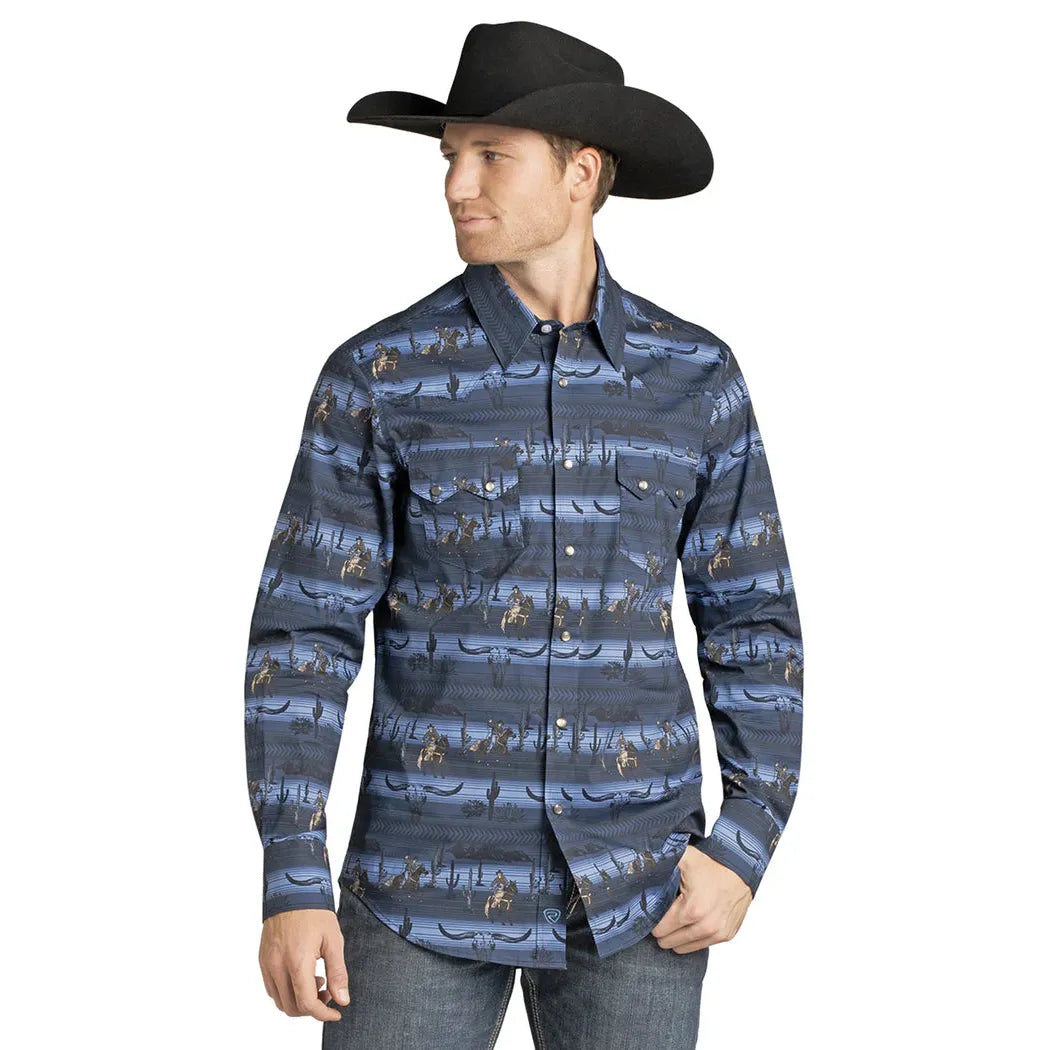Rock & Roll Men's Longhorn Cowboy Conversation Print Slim Fit Long Sleeve Snap Shirt - Blue - Irvine Tack & Western Wear