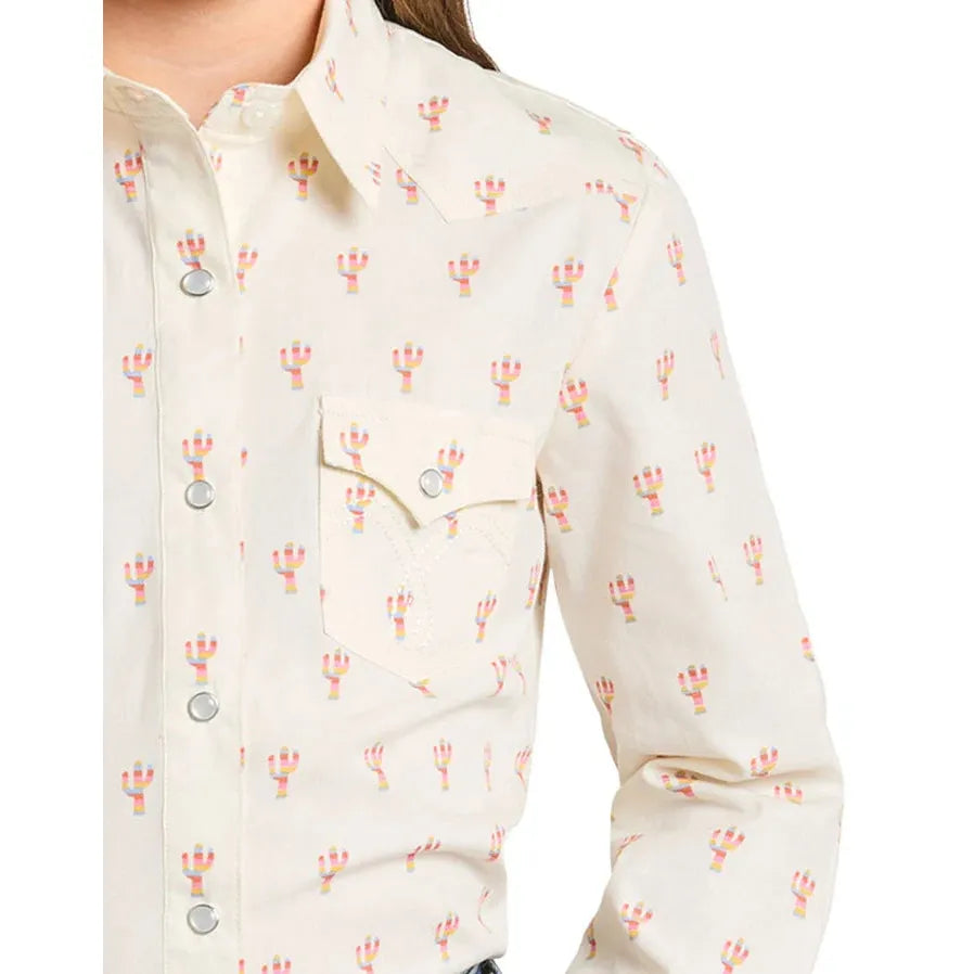 Panhandle Girl's Long Sleeve Print Snap Shirt- Cream