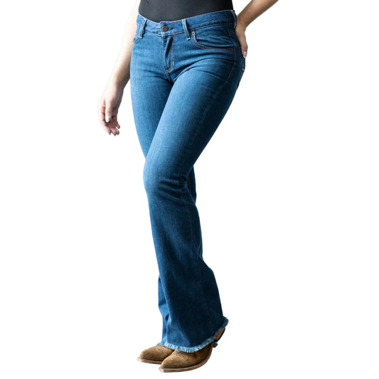 Kimes Women's Lola Raw Hem Mid Rise Trouser Jeans - Blue