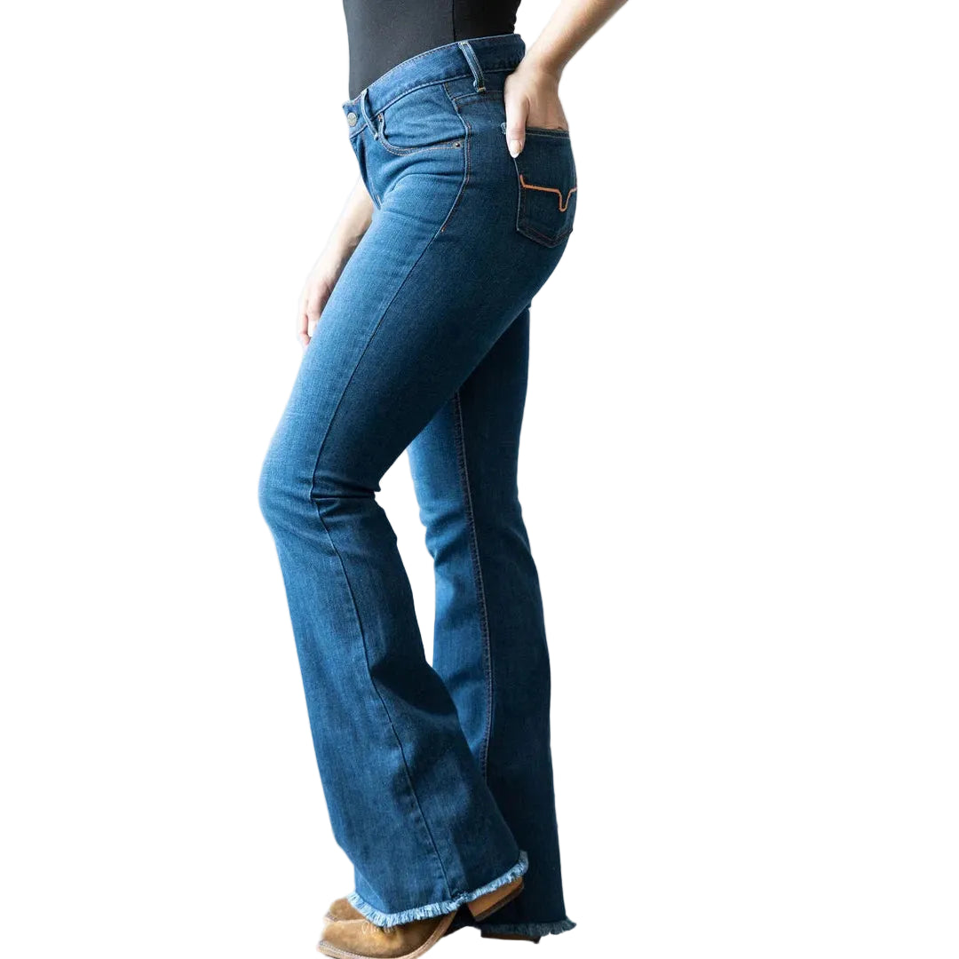 Kimes Women's Lola Raw Hem Mid Rise Trouser Jeans - Blue