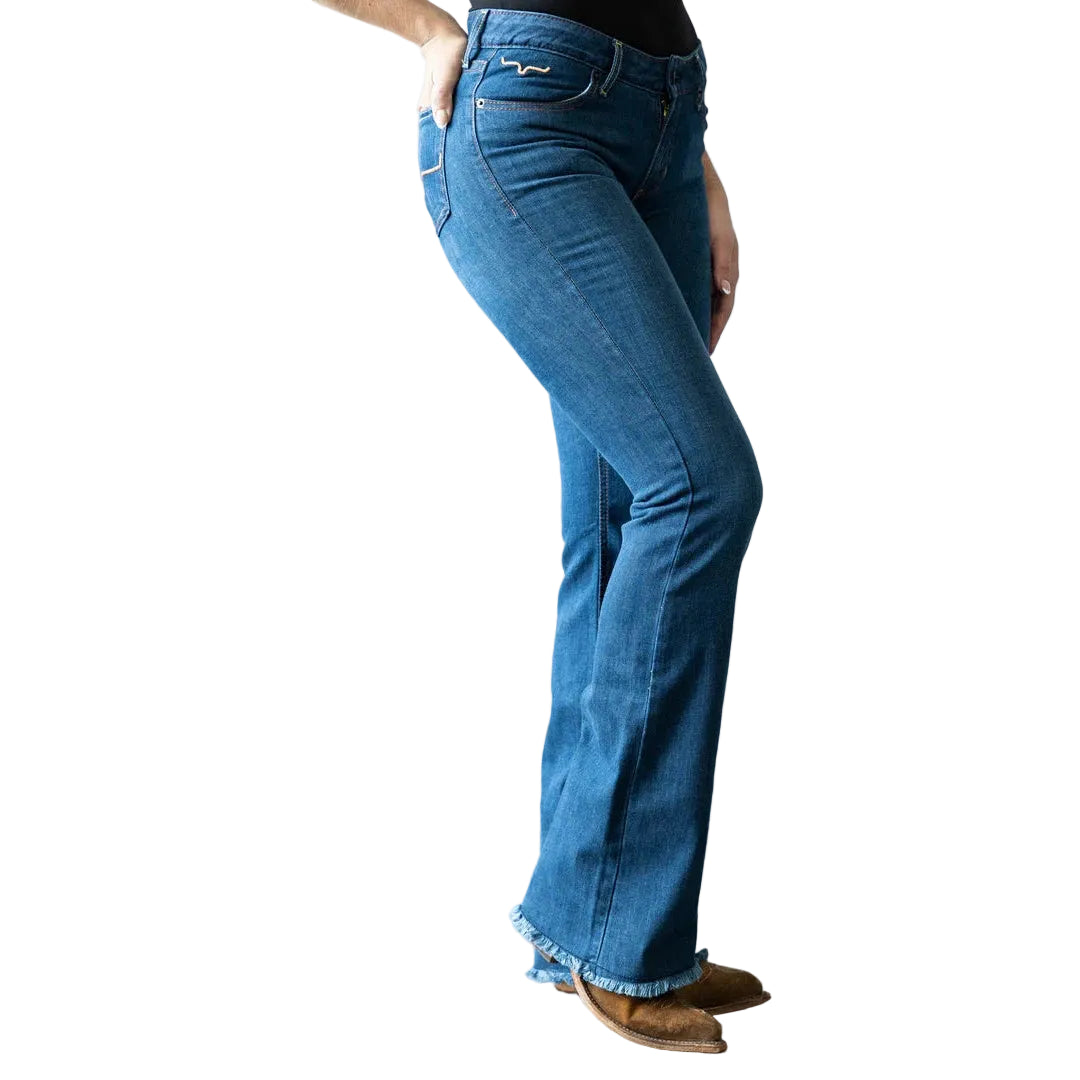 Kimes Women's Lola Raw Hem Mid Rise Trouser Jeans - Blue