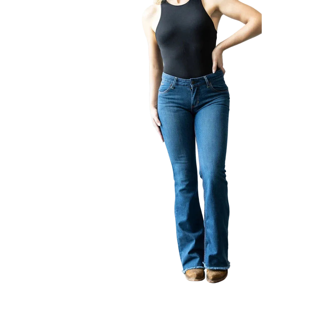 Kimes Women's Lola Raw Hem Mid Rise Trouser Jeans - Blue