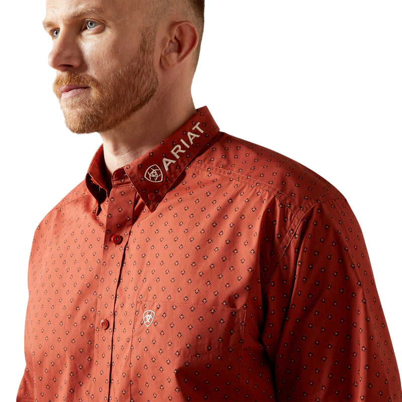 Ariat Men's Team Porter Classic Fit Long Sleeve Shirt - Brick Red/Beige