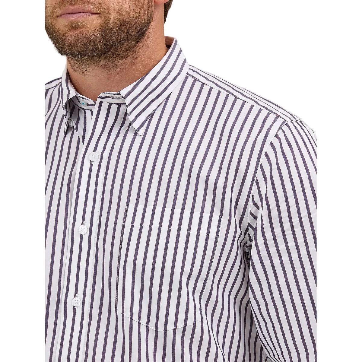 Wrangler Men's Cody Johnson One Pocket Button Down Long Sleeve Shirt - Navy White Stripes