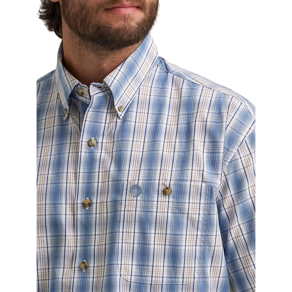 Wrangler Men's George Strait 1 Pocket Short Sleeve Shirt - Blue Steel Plaid