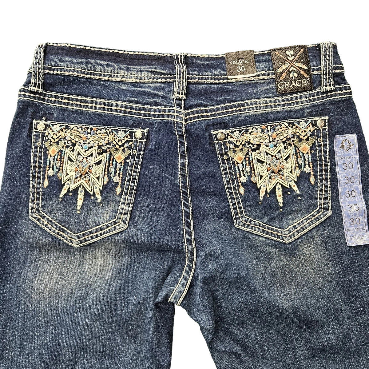 Grace in LA Women's Aztec Bootcut Jeans- Blue