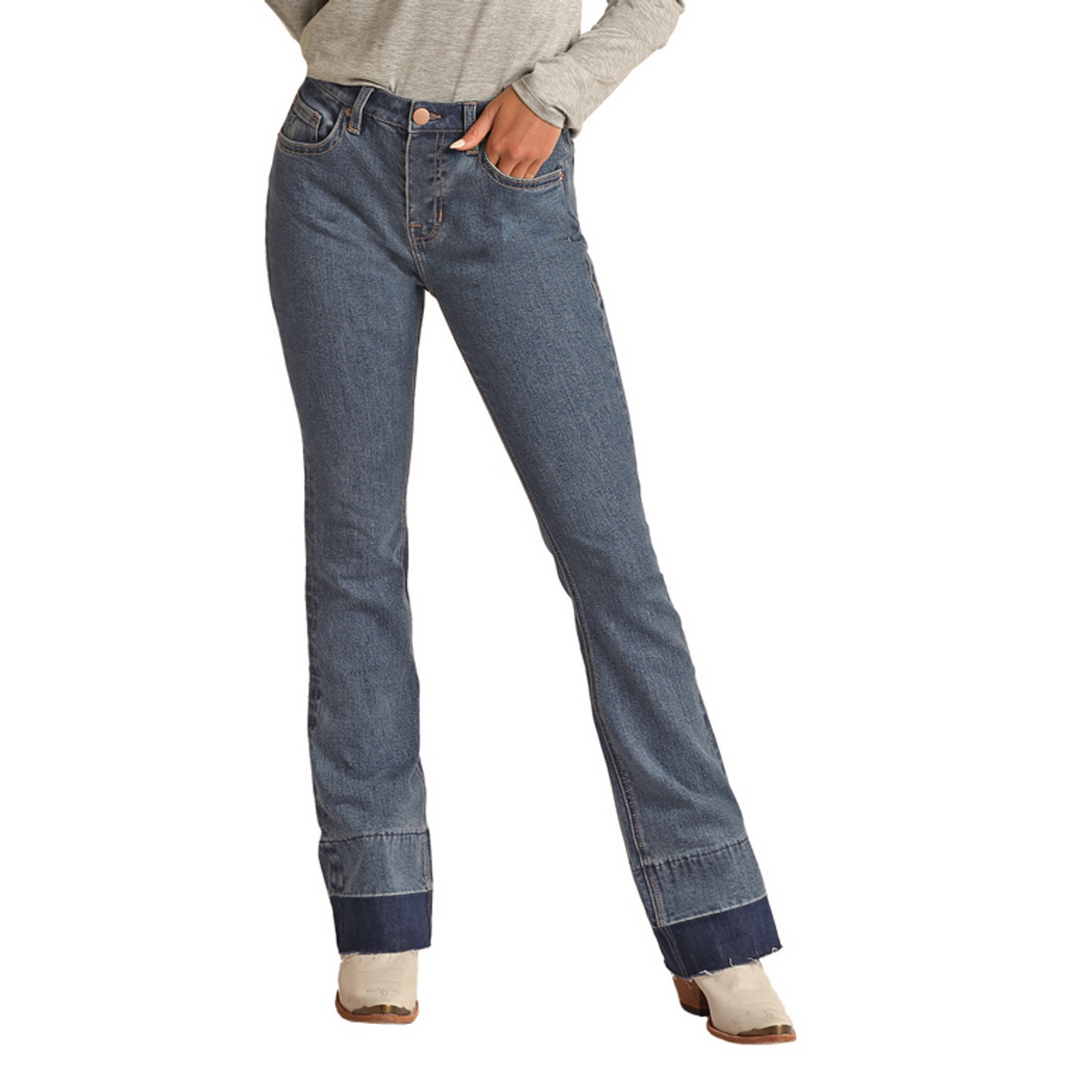 Rock & Roll Women's Hooey High Rise Stretch Baby Flare Jeans - Medium Wash