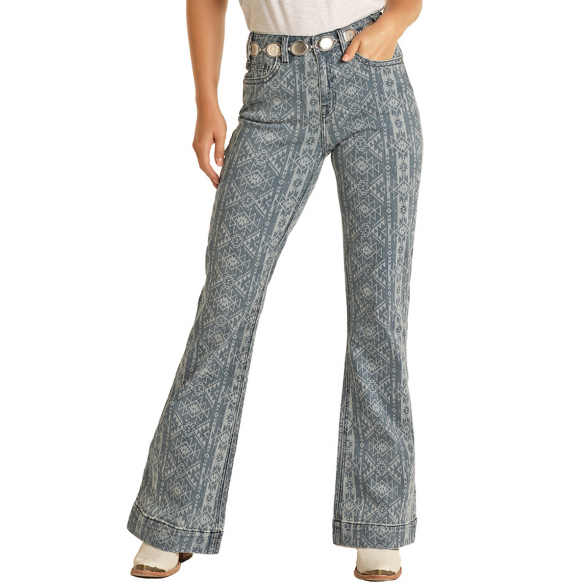 Hooey Women's Aztec Print High Rise Trouser Jeans - Medium Vintage Wash *FINAL SALE*