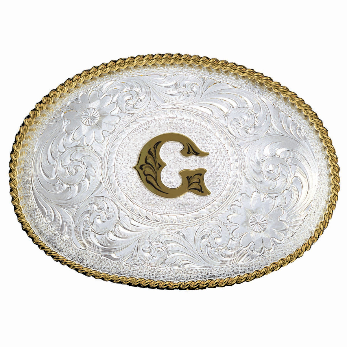 Montana Silversmiths Initial G Silver Engraved Gold Trim Western Belt Buckle - Irvine Tack & Western Wear